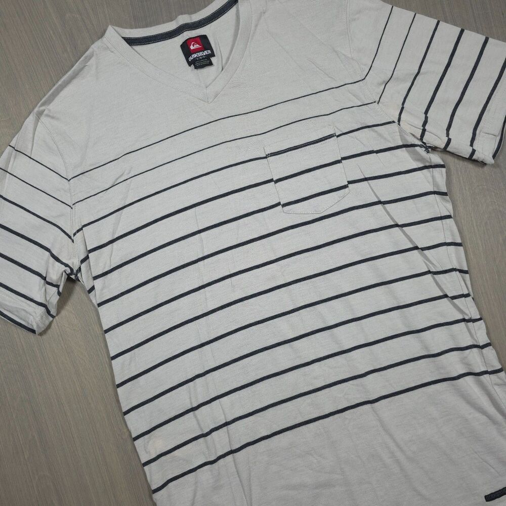 Quiksilver White Striped VNeck Pocket Tee Shirt L